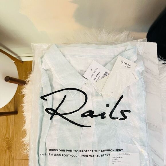 RAILS Women's Charli Awning Stripe Linen Blend Blouse, Large, White/Blue, NWT - Picture 15 of 15